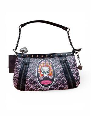 NWT Ed Hardy Black and Pink Flaming Skull Rhinestone Crossbody Shoulder Bag